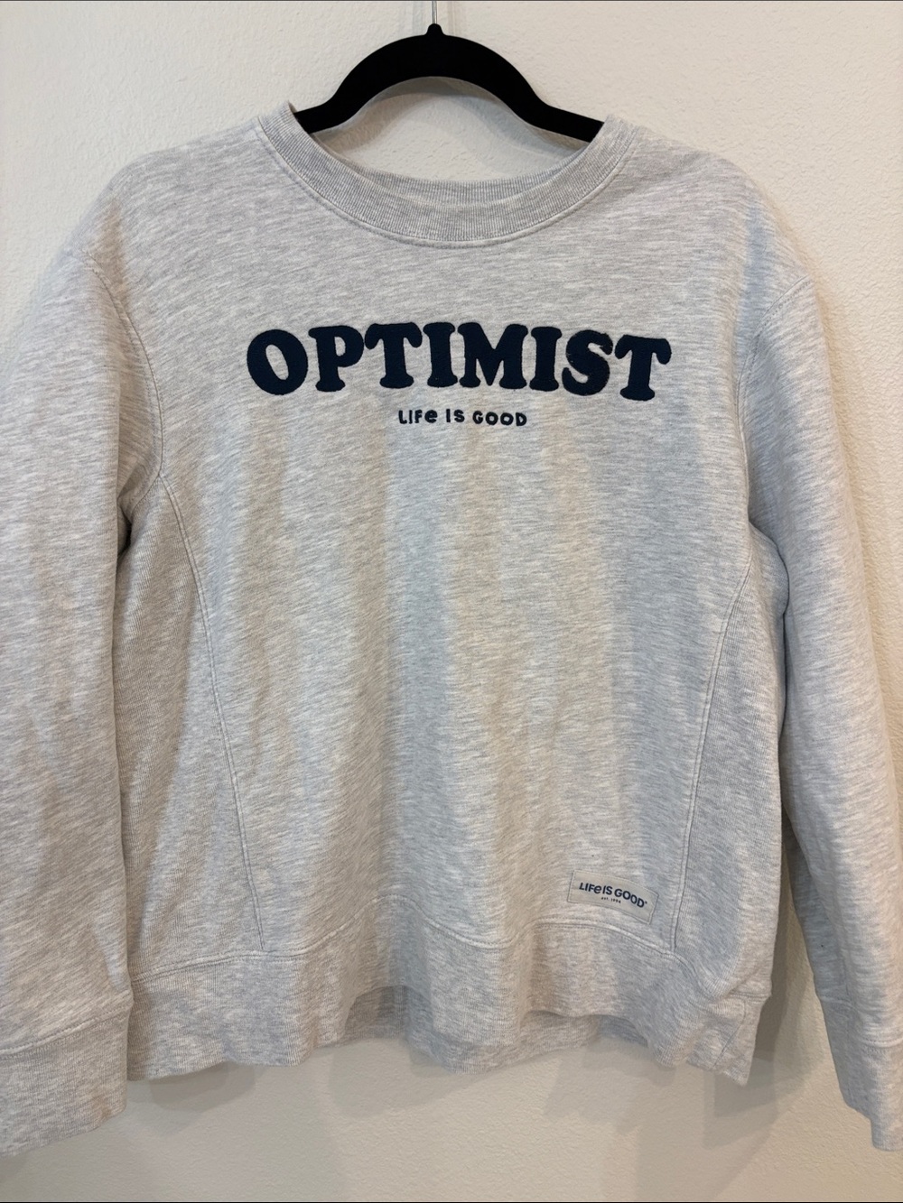 Life Is Good Women’s Crewneck “Optimist” Sweatshirt - Light Gray with Navy Print
